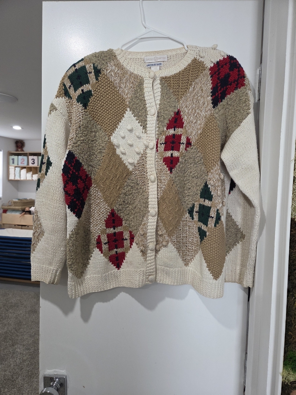 Vintage Cape Isle Knitters Cream Argyle Knit Cardigan Sweater
